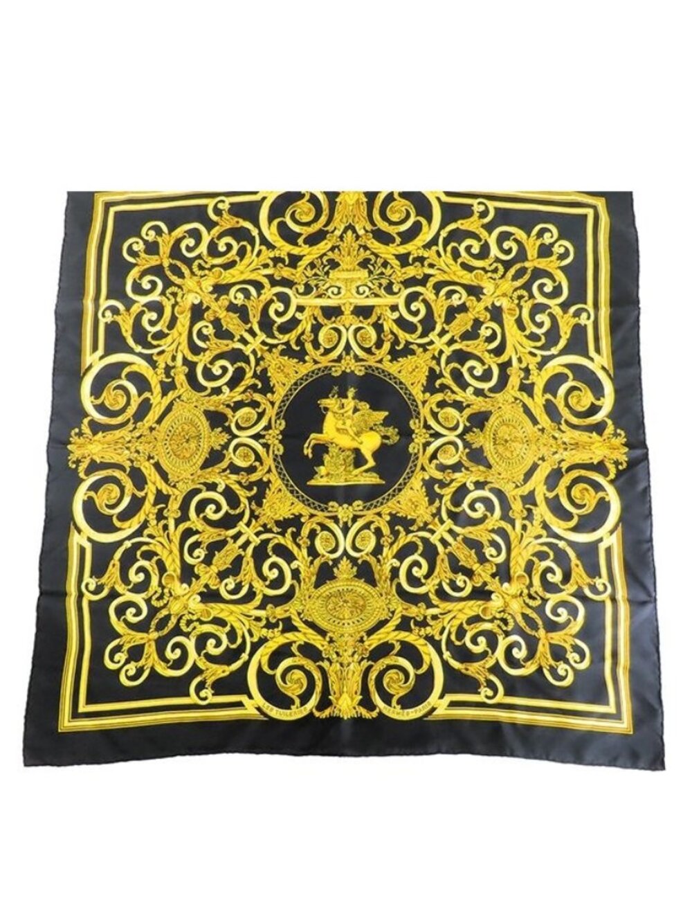 Hermes Carre 90 Black Yellow Silk les Tuileries Chui Roulis Park Scarf